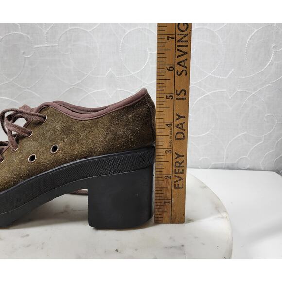 No Parking Oxford Heels Womens 8.5 Green Suede Lace up Utility Chunky Platform - Picture 4 of 14